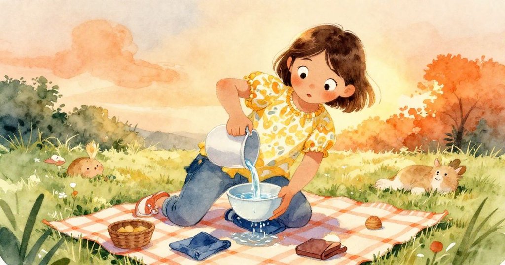 米拉靈機一動，在野餐布角折出小口袋，從皮聘的水碗中倒水加重，眼中透露著智慧與決心。