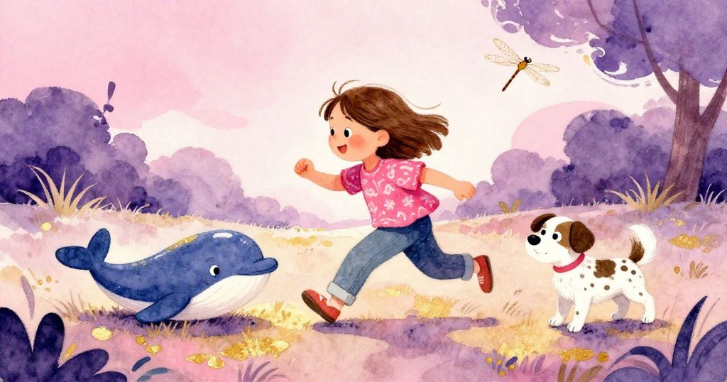 米拉笑著奔向滾動的橡膠獨角鯨玩具，皮聘活蹦亂跳，旁邊小蜻蜓在水池上翩然飛舞，收場溫馨而快樂。