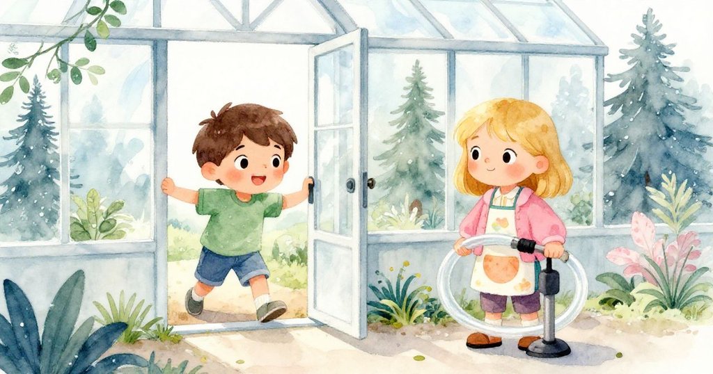 黎明時分，Leo推開溫室大門，Marta肩挑軟管與泵浦，背景充滿新鮮光影與綠意，展現實驗開始的活力。