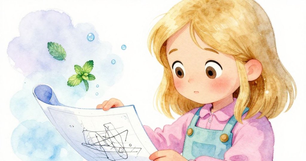 Marta專注凝視藍圖，眼中流露驚訝與專注，藍圖上散落薄荷與微光水珠，情感細膩生動。