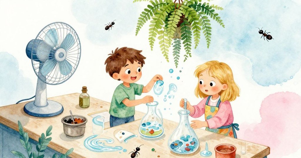 高處俯瞰工作臺上，Leo與Marta忙碌操作，吊蕨搖曳、螞蟻奔走，風扇啟動奏出混亂趣味。