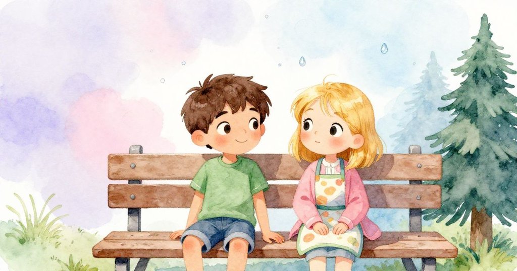 實驗後Leo與Marta依靠長椅放鬆，平靜微笑中展露釋然，細膩水珠輕繪安詳餘韻。