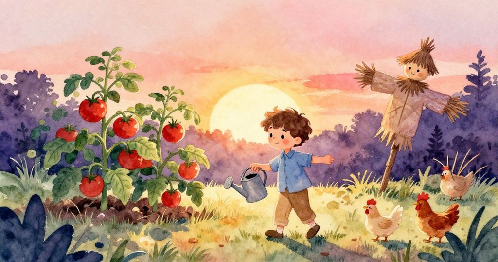 薩姆正踏進充滿生機的小花園,手持澆水壺,陽光下的番茄與稻草人陪伴著他的晨始探索。