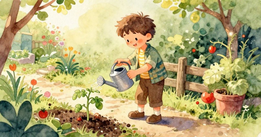 薩姆的手輕握著澆水壺,水珠灑落在下垂的番茄苗上,表現出他細心呵護自然的情懷。