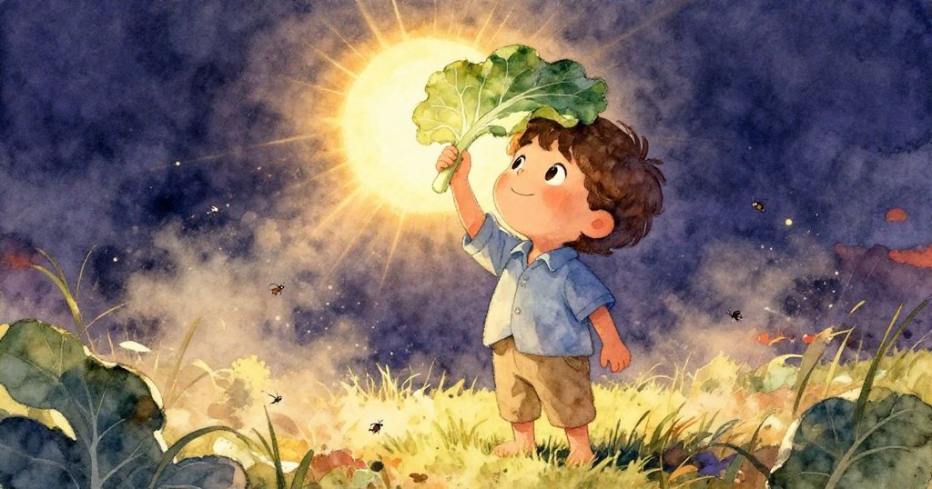 薩姆仰望著天空,舉起大白菜葉遮擋強烈陽光,面露驚訝與堅定之情,展現出勇敢姿態。