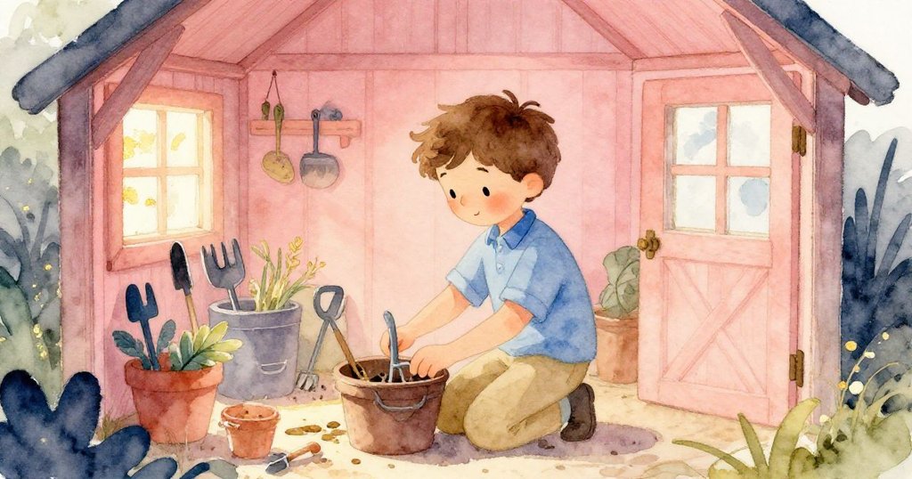 薩姆進入溫馨小工具室,仔細整理花園用品,舒適光線讓他心情放鬆,準備繼續工作。