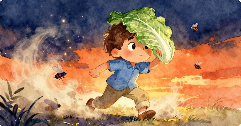 在突如其來的塵暴與蚊蟲攻擊中,薩姆用白菜葉保護眼睛,面露困難與奮鬥情緒。