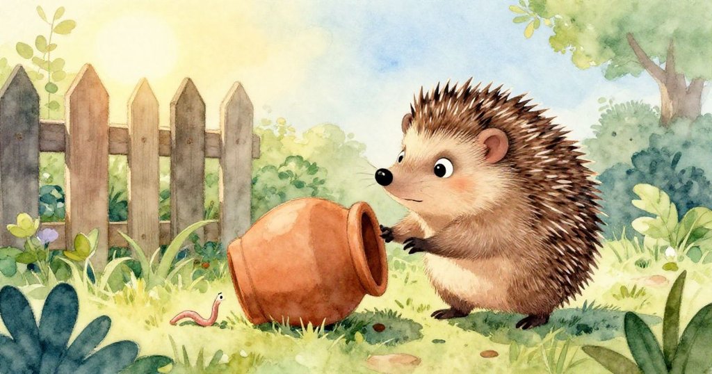 清晨花園中,Hedgie刺蝟推動歪陶罐,邊角蚯蚓蜷曲逃離,光影溫暖,充滿探索與希望情懷。