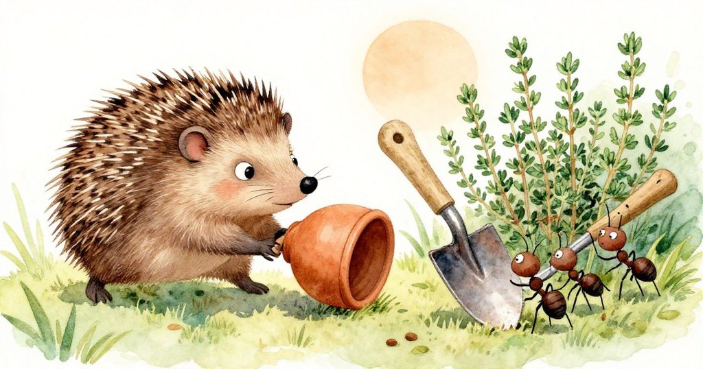 Hedgie刺蝟用力推陶罐與鏽鍬碰撞,同時蚂蚁忙碌爬上百里香,畫面生動展現兩面動作連貫奇遇。