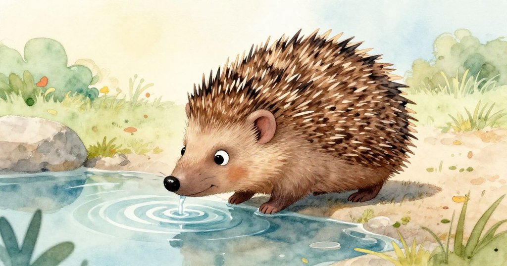 Hedgie刺蝟低頭飲淺水,微波蕩漾映晨光,表情堅定於熟悉角落中發現新奇與解渴美感。