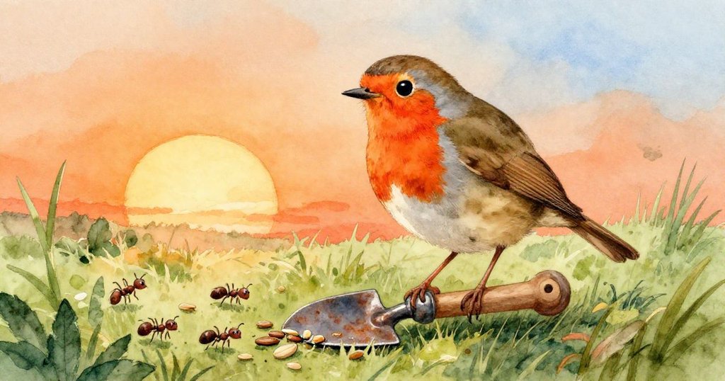 Robin小鳥安穩停鏽鍬上,輕啄落種子,蚂蚁散去,畫面溫馨告別,暗示新開始與平靜轉折。