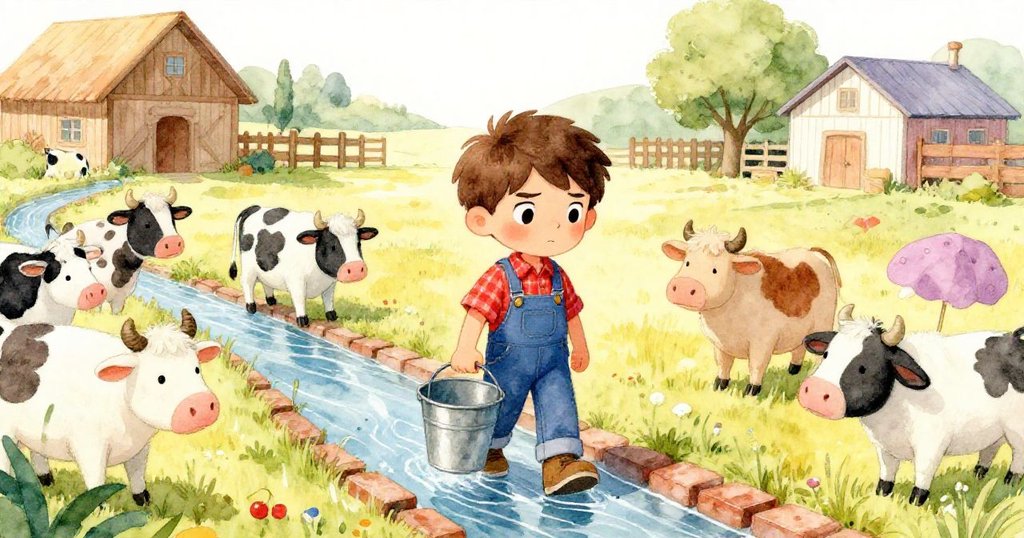 米洛進入農場院子，手持水桶，周圍有鵝雞圍觀，流動水光與磚石相映，充滿好奇與期待。