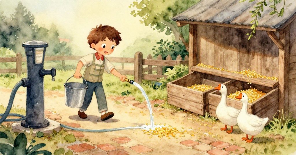 米洛特寫眼神，凝視漏水處，眼中帶著堅定與一絲焦慮，背景隱約農場景致，情感豐富。