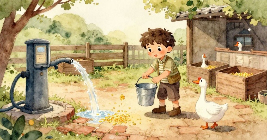 透過破裂燈籠玻璃看農場，遠處活動若隱若現，神秘光影與溫暖希望交織，彷彿秘密窗口。