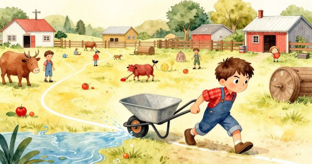 米洛在廣闊農場中拖動倒置輪車，水流逐漸擴散至粉筆線，環境明亮且充滿緊迫氛圍。