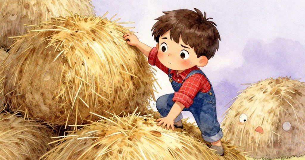 米洛在堆疊的乾草旁奮力攀爬，手被草刺痛且衣袖破損，表情堅毅迎接挑戰。