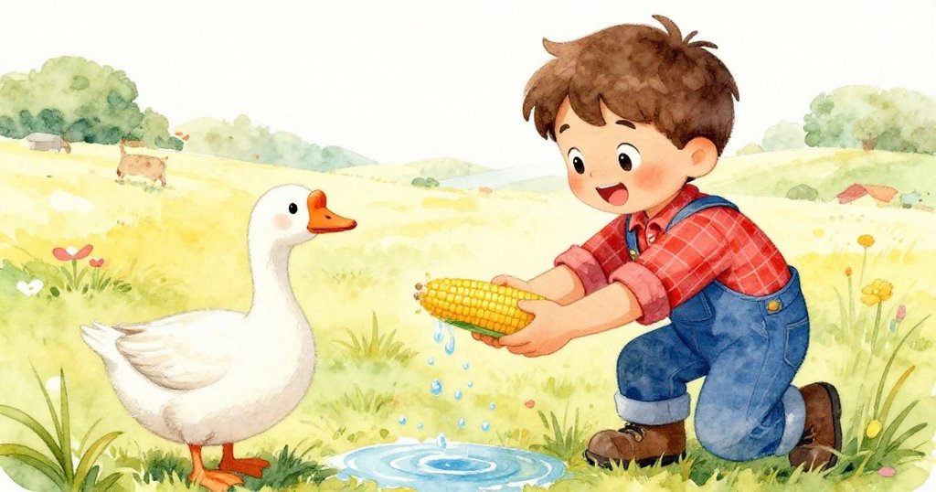 米洛在水邊微笑著將玉米遞給鵝，溫馨交換映出努力成功，背景展現寧靜農場環境。