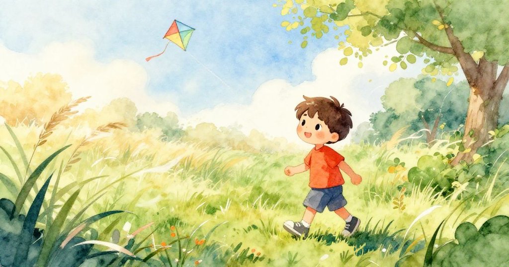 Milo穿越陽光明媚的後花園，草地隨風搖曳，期待中迎向冒險，神情平靜溫暖。