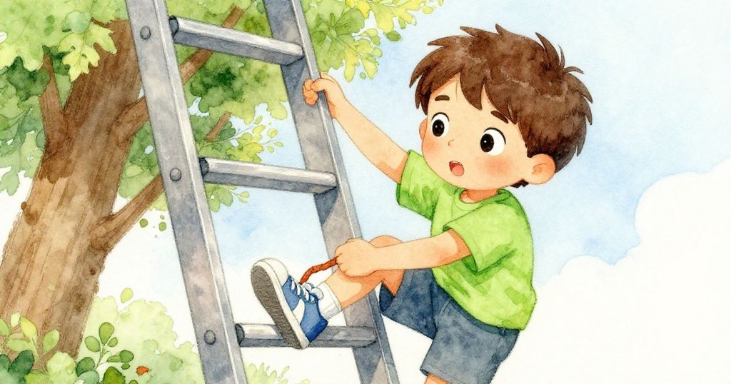 Milo專注地用手操作金屬梯，鞋子牢牢地掛在橫階上，神情堅定，解決挑戰。