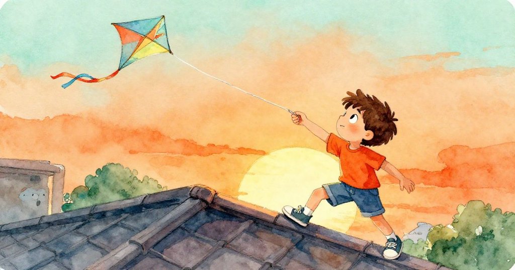Milo在斜屋頂上全力拉扯風箏，夕陽橙光映襯下感到掙扎與決心。