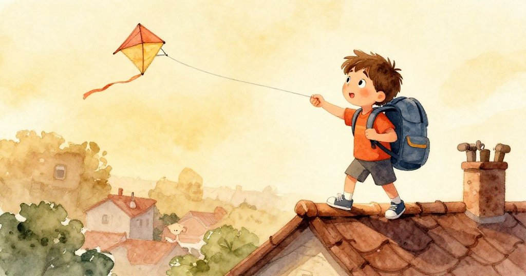 Milo在屋頂邊緣巧妙地將線穿過沉重的背包，神情專注，展現創意與解決困難的智慧。