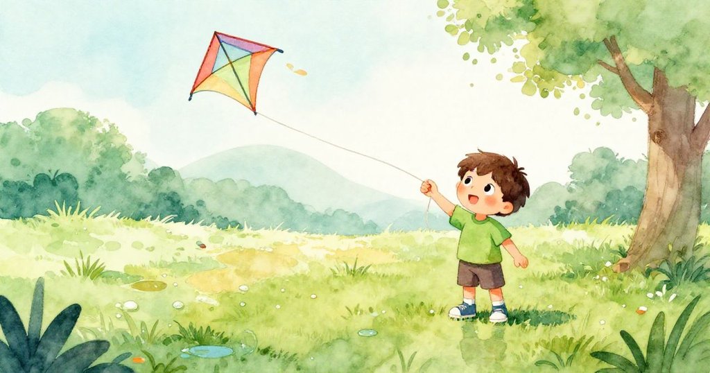 Milo平靜地走在滿是露珠的綠草地上，收好風箏與繩子，背景水面顯現剛落筆跡，結局溫暖寧靜。