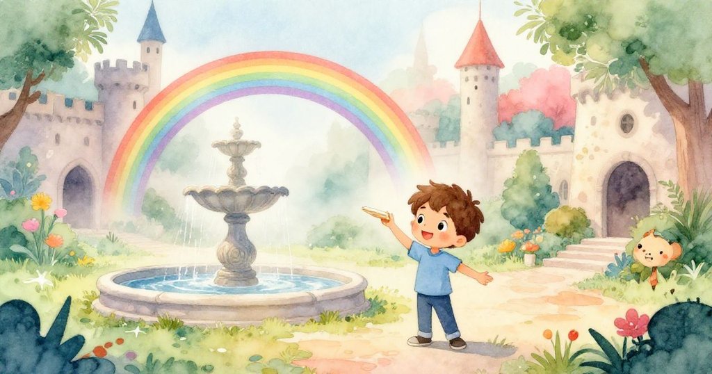 Leo站在古堡後庭院，晨霧中平衡著素描本，眺望彩虹噴泉，神情專注帶著期待與好奇。