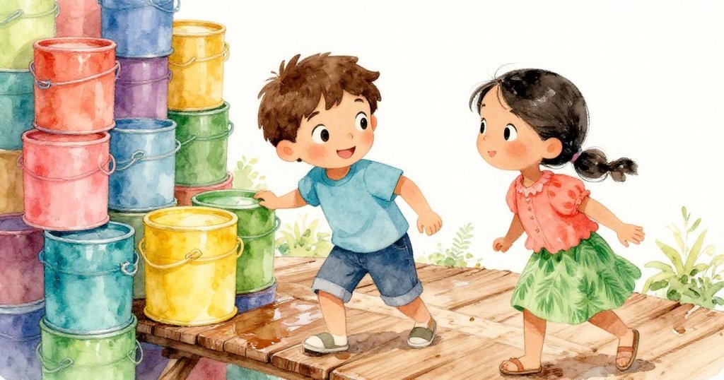 Maya與Leo站在濕漉漉的狹窄木橋上，橋上堆滿彩色油漆桶，兩人小心前行，神情充滿堅定與期待。