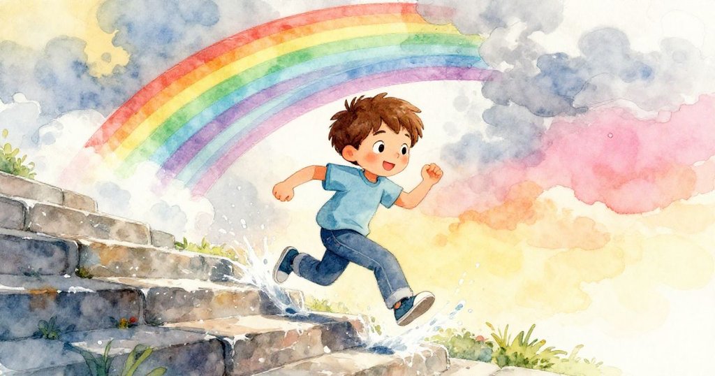 Leo急速衝向石階，鞋濺水花，天空中雲影遮住彩虹一部分，臉上流露出驚訝與急促。