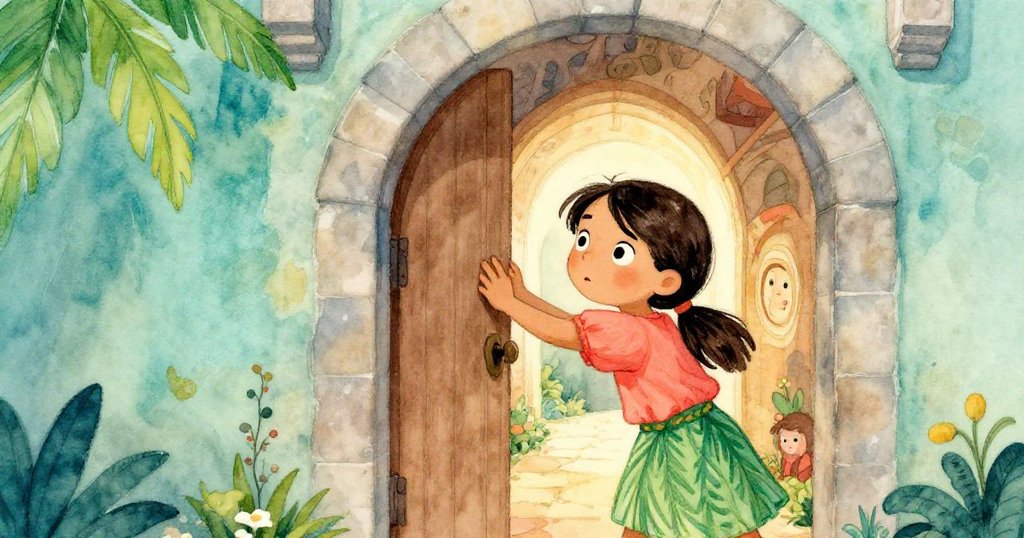 Maya在古堡內部輕拍木門，背後是盤旋上升的走廊，神情堅定，展現從外部動盪環境過渡的決心。