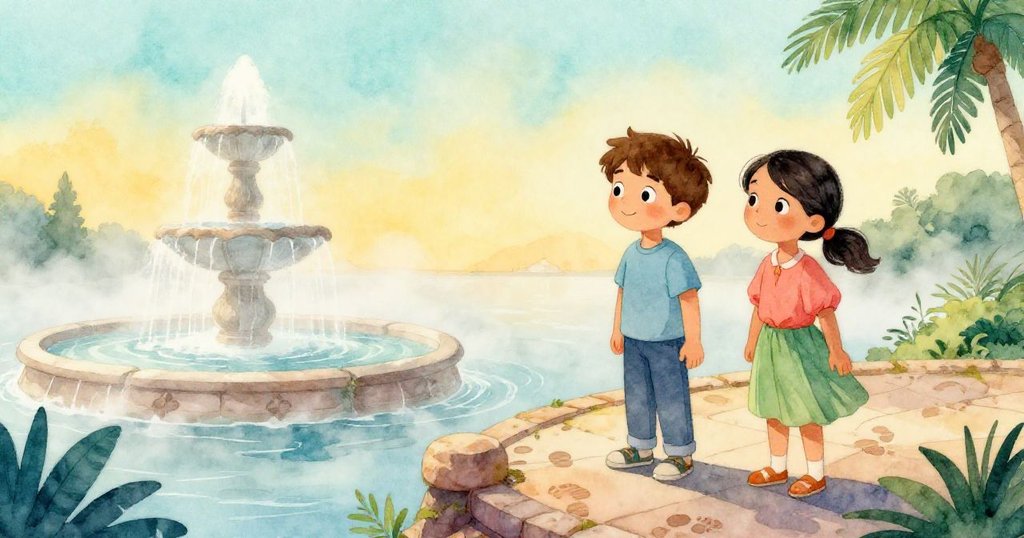 Leo與Maya站在塔台平台，背後噴泉上飄著薄霧，古老石板上濕痕點綴，展現冒險後的寧靜與反思。