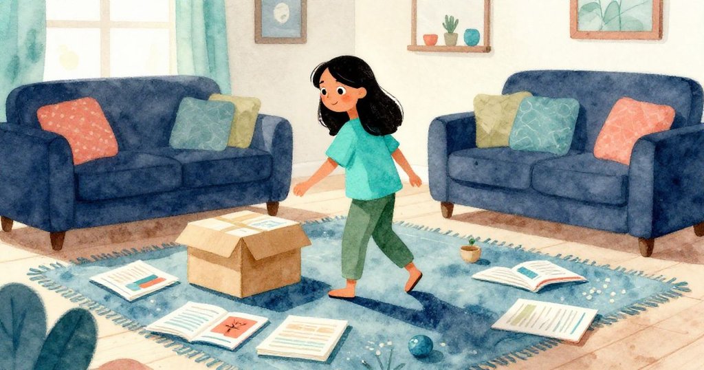 米拉在明亮客廳中忙碌清理，剪影般的身影在陽光下移動，散落雜誌和紙箱映襯出溫暖氛圍。