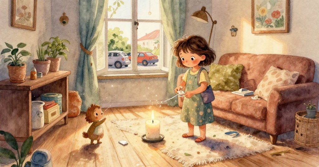 米拉的雙手緊握紙箱推擠，細膩呈現毛氈與紙箱邊緣紋理，展現清理困境中的細節與決心。