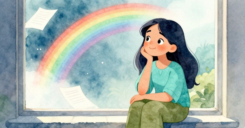 米拉透過窗戶欣賞彩虹光影，柔和微風卷起散落文件，內心充滿好奇與思索，展現轉折前的靜謐感受。