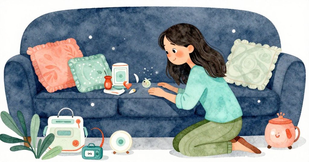 米拉在沙發後發現隱藏角落，舊物靜置散發懷舊氣息，她彎腰輕觸珍貴記憶，展現溫柔與靜謐。