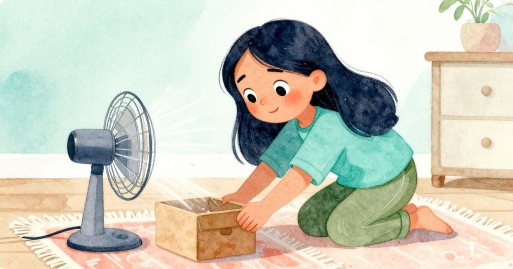 米拉專注地調整風扇方向，用微風吹起毛氈邊緣，面部神情堅毅，動作展示出果斷改變局面的決心。