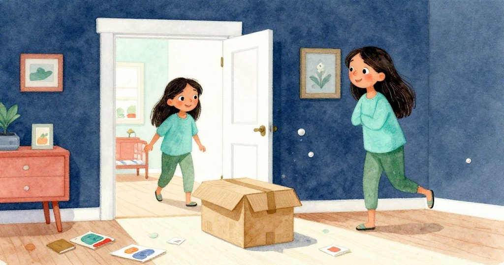 米拉看著紙箱順風滑向敞開門口，散落的畫冊增添動感，整個場景充滿希望與新開始的溫暖情懷。