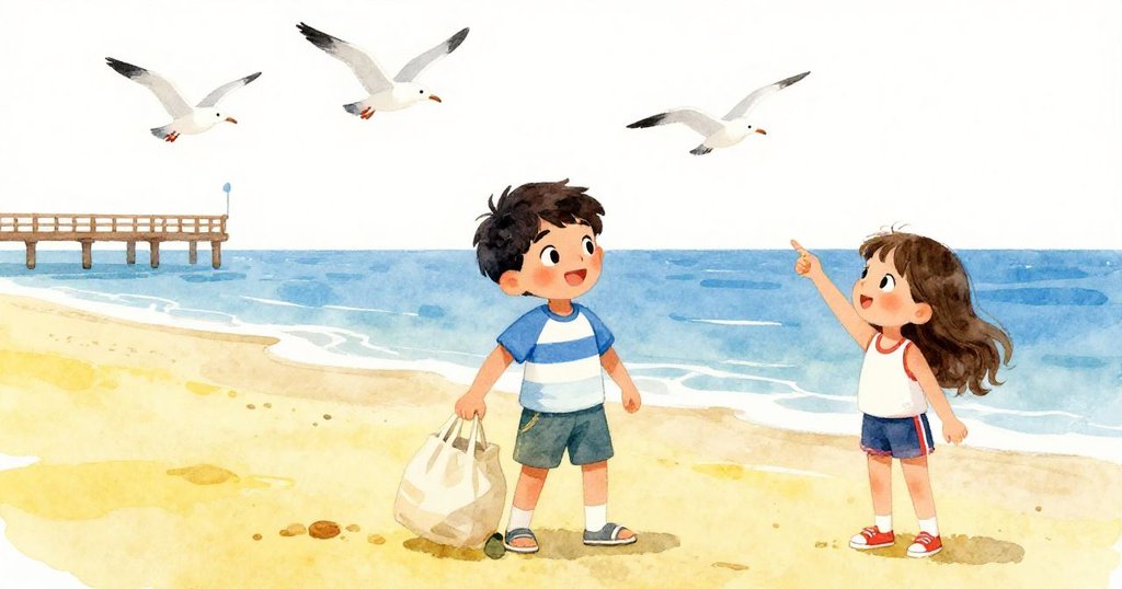 Leo在明亮海灘上丟下布袋，Miri指向海鷗飛舞，背景有木棧道，二人滿懷活力與微笑，共渡愉快早晨。