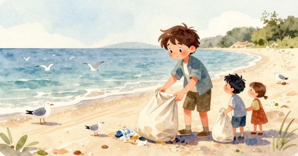 Miri用鏟子細心挑開漁網，露出閃耀骨色螺旋貝，沙濕海邊散落著色珠，畫面充滿專注與細膩感。