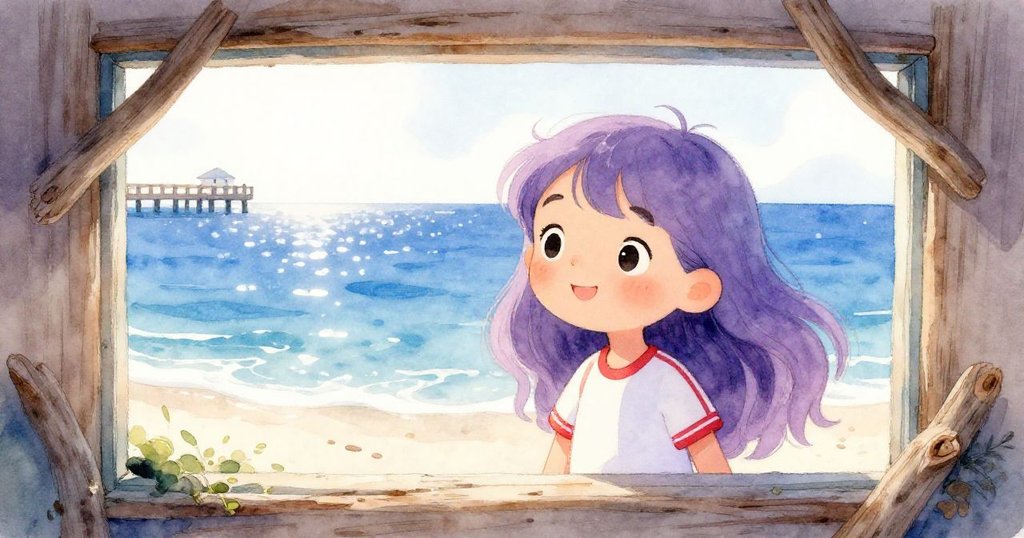 Miri透過樹漂木製窗框凝望海洋，眼神充滿希望，背景是陽光下閃耀的浪花和遠處木棧道。