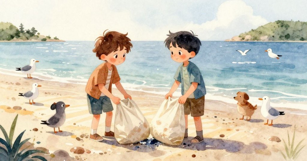 漁網翻轉於濕沙中，露出隱蔽區域中的漂木、鮮豔珠子和沙指印，畫面透露著發現秘密寶藏的神秘感。