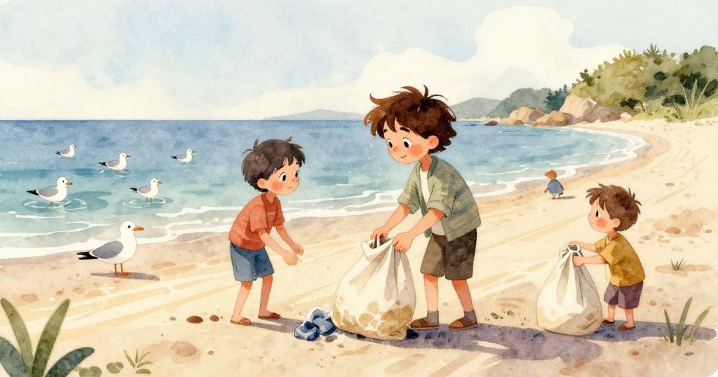 一隻蒼白小蟹在泡沫海池邊急速橫行，隨著碎木和珠子漂移，帶動畫面充滿動感與活力。