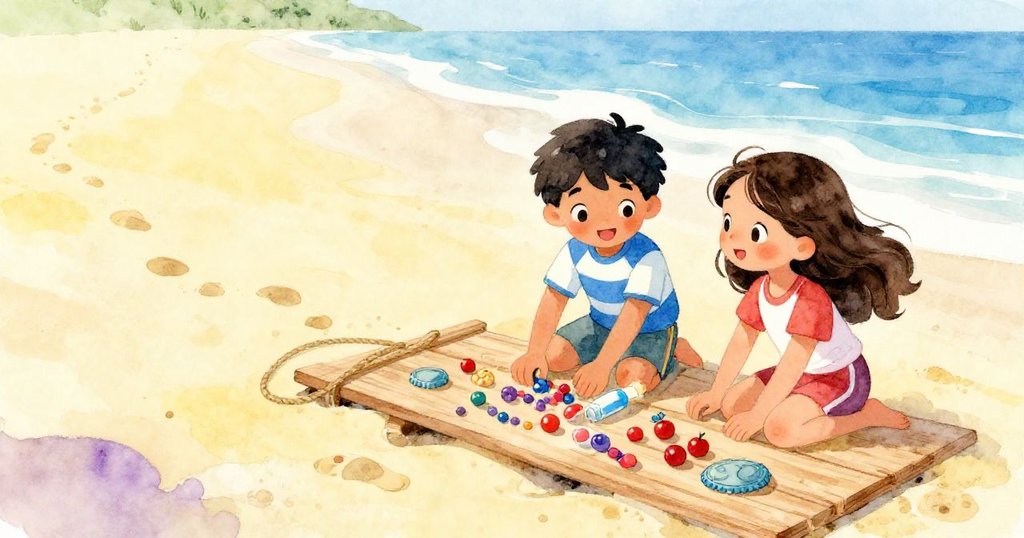 Leo與Miri歡聚一起，在木板上排列色彩珠子及瓶蓋與繩索，沙上留足跡，兩人洋溢著喜悅微笑，波浪低吟作伴。