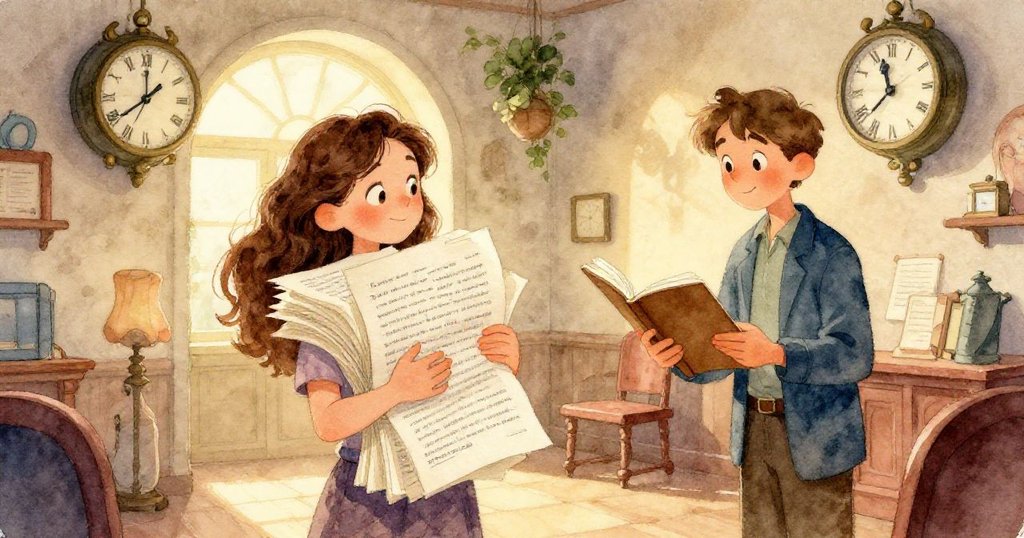 Naomi的手在濕潤石板上輕觸散落紙頁與皮袋，水面反光細緻呈現城市巷弄中細膩探索的畫面。