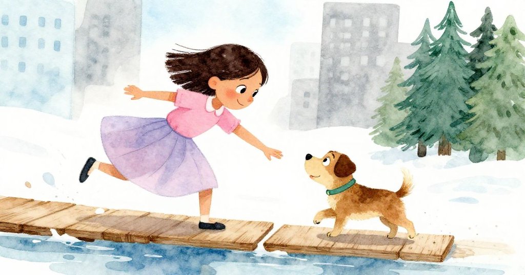 Naomi於狹窄木板上步履艱辛，裙角被風掀起，Milo急忙伸出援手，兩者神情充滿驚訝與緊張。