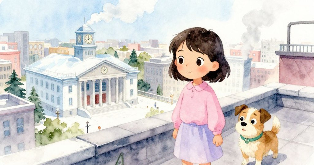 從高處望去，Naomi與Milo趕往文化大廳，蒸氣繚繞間遠見鐘樓，背景暖光照映都市景致，充滿緊迫感。