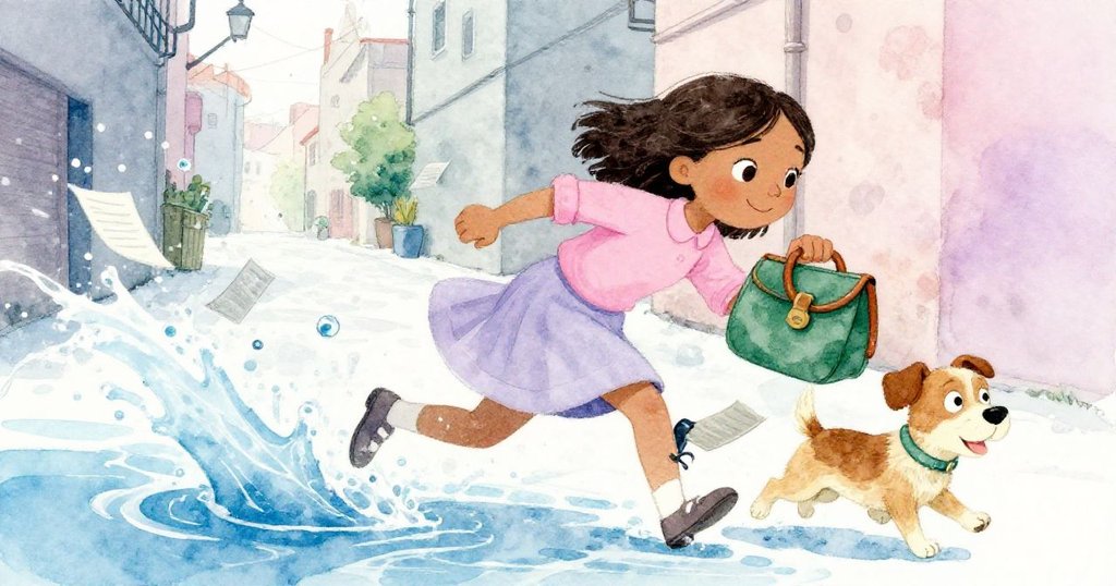 鐘聲響起，Naomi狂忙撿拾濕透紙頁和皮袋，Milo急速相助，兩者神情焦急穿越雨濕石道。