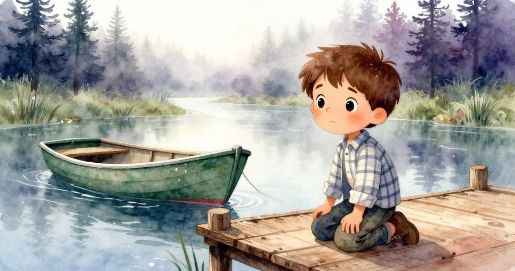 米洛跪在薄霧瀰漫的木碼頭上,凝視著靜靜流淌的河水,神情期待且專注,背景有朦朧美的綠色船和松樹。