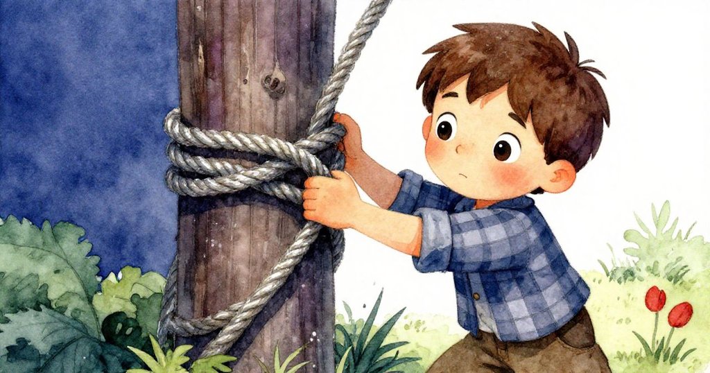 米洛專注拉起繩索,手握粗糙繩索細節清晰,背景顯示老舊船隻與樹影,表情堅毅。