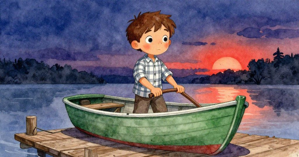 暮色中,米洛引導小船靠岸,夕陽映紅天際,守舊船身與碼頭環境呈現溫馨傳統氣息。